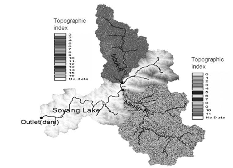 Spatial distribution of topographic index in two catchments.