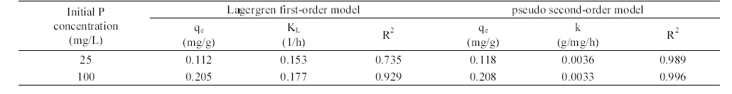 Model parameters for the Lagergren first-order model and pseudo second-order model obtained from the kinetic experiments