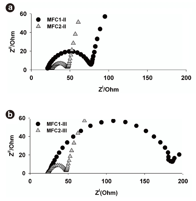 Nyquist plots obtained during (a) Phase II; (b) Phase III. MFC: microbial fuel cell.Fig. 5. Nyquist plots obtained during (a) Phase II; (b) Phase III. MFC: microbial fuel cell.