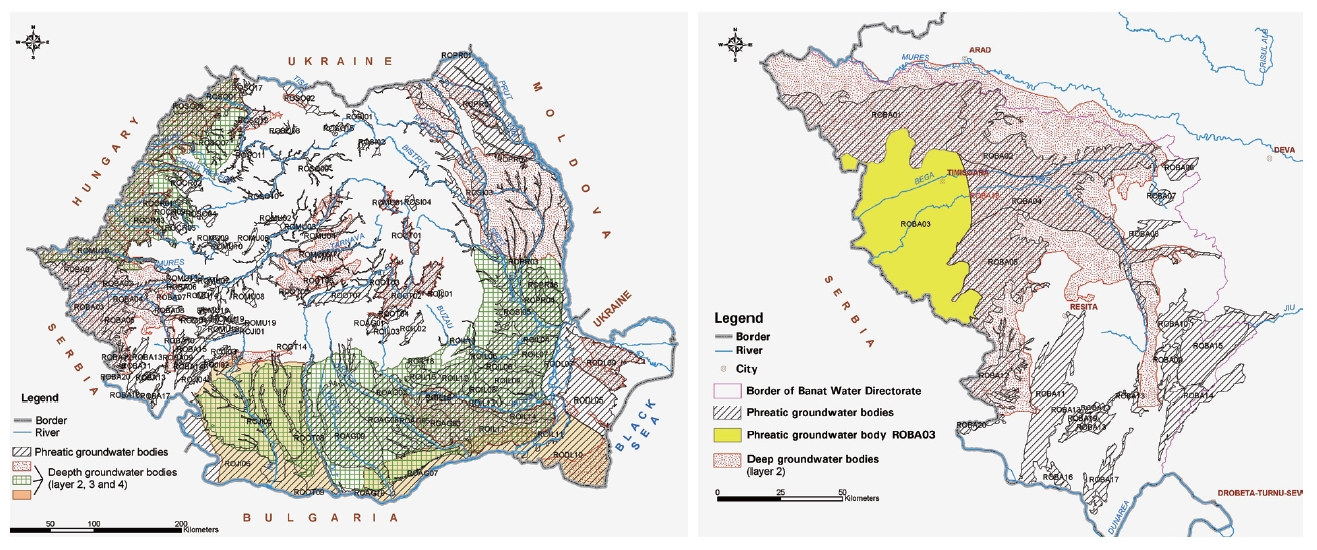 Romania and its delineated groundwater bodies (left) and the Banat river basin district (right).