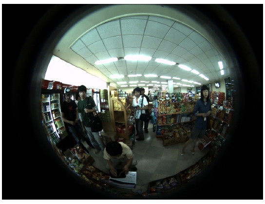 An example of an image of an interior scene captured using a fisheye lens having a FOV of 190℃.