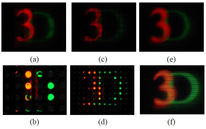 Comparison of visibility between projection-typeintegral imaging system with diffuser (a), (c), and (e) andwithout diffuser (b), (d), and (f).
