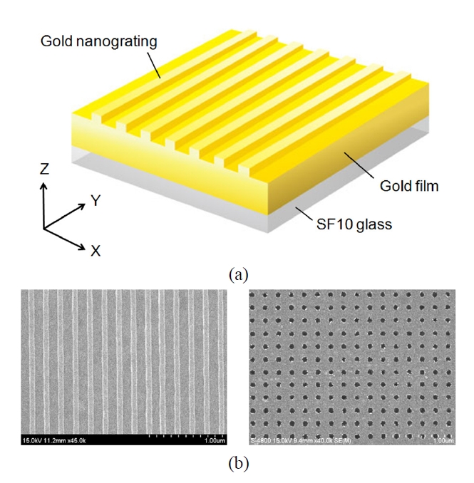 (a) Schematic of a gold nanograting-mediated LSPR substrate. 1D gold nanograting is regularly patterned on a thin gold film. (b) Scanning electron micrograph images of 1D gold nanograting (period = 200 nm and width = 100 nm, thickness = 20 nm) and 2D gold nanowell array (period = 200 nm, diameter = 80 nm, thickness = 15 nm) on a gold surface.