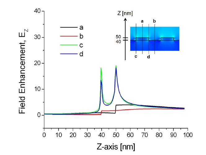 Vertical field intensity distributions of EZ around the LSPR sensor surface for 1D nanograting with a period = 100 nm, a width = 50 nm, and a thickness = 10 nm. TM-polarized light with a wavelength of 633 nm is incident on the substrate. The insets are 2D images obtained from FDTD calculations normalized by the field intensity of 20.