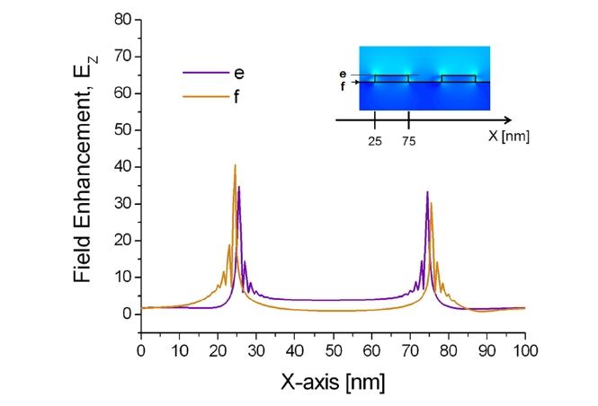 Horizontal field intensity distributions of EZ around the LSPR sensor surface for 1D nanograting with a period = 100 nm, a width = 50 nm, and a thickness = 10 nm. TM-polarized light with a wavelength of 633 nm is incident on the substrate. The insets are 2D images obtained from FDTD calculations normalized by the field intensity of 20.