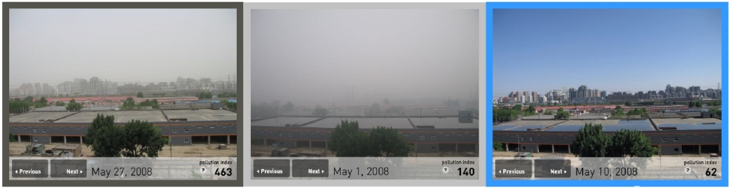 Photos in dust (27 May 2008), pollution (1 May 2008) and clean (10 May 2008) cases during Raman LIDAR experiment in Beijing.