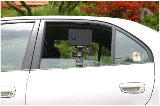 The panoramic camera mounted on a side-window of a passenger car.