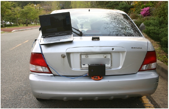 The panoramic camera installed near the rear bumper of a passenger car.