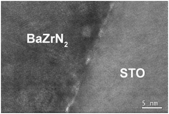 Cross-section HRTEM image of a tetragonal BaZrN2 film on STO substrate.
