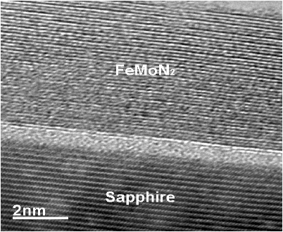 Cross-section high resolution transmission electron microscopy image of a hexagonal FeMoN2 film on sapphire.