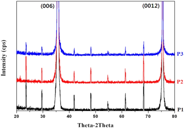 The diffraction patterns of P1, P2, and P3 measured with different particle size.