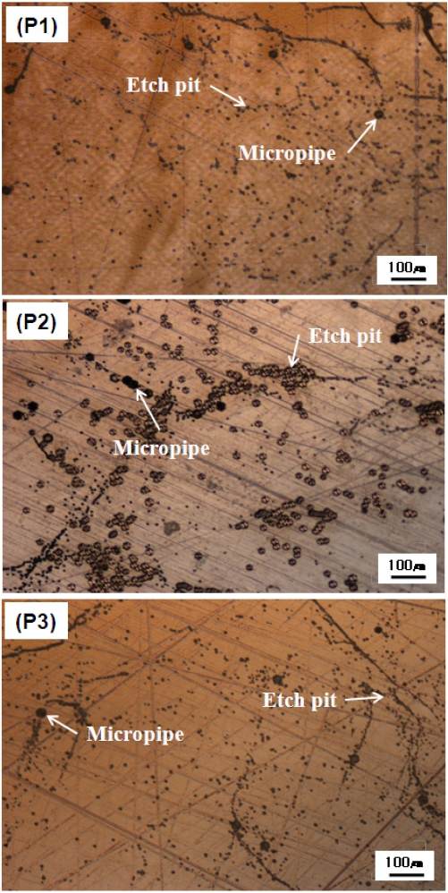 Surface morphologies of SiC wafers grown with various SiC powders, observed by sn optical microscope in Nomarski mode. (P1) 20 nm, (P2) 0.1-0.2 μm, and (P3) 1-10 μm.