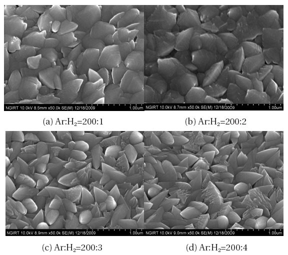 The field emission scanning electron microscopy(FE-SEM) images of the as-deposited AZO films.