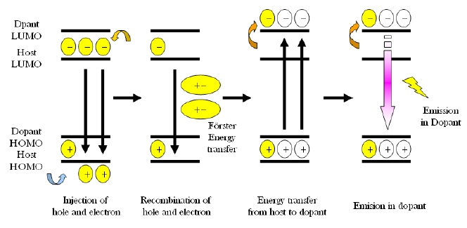 Energy transfer mechanisms of blue OLEDs.