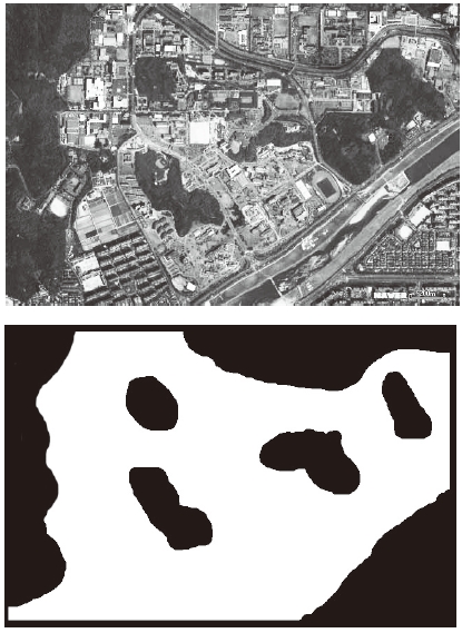 The real map under surveillance (upper), and the level of interest (lower). Width : 2,703 m, Height : 1,789 m, Location : KAIST, Daejeon, Korea.