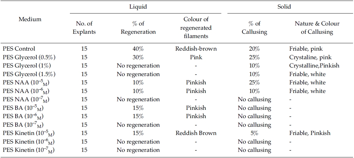 Effect of phytoregulators on explants (PES liquid/Solid medium)