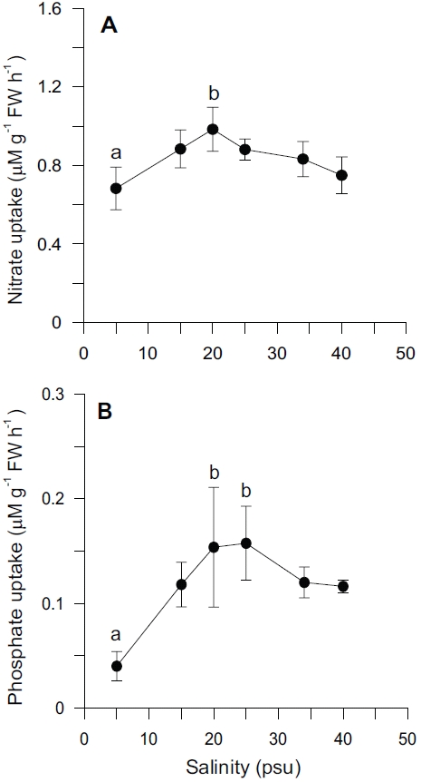 Uptake rates (μM g-1 FW h-1) of nitrate (A) and phosphate (B) for Ulva pertusa as a function of salinity. Error bars represent the mean (± SD) of 3 replicates. Letters represent the results of multiple comparison test (p < 0.05).