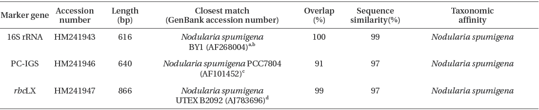 Results from BLAST searches using 16S rRNA, PC-IGS, rbcLX sequences of Nodularia spumigena KNUA005