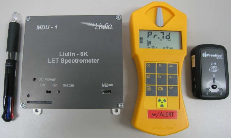Measuring equipment for the space radiation, from left to right, Liulin-6K LET spectrometer, gamma scout, and GPS logger.