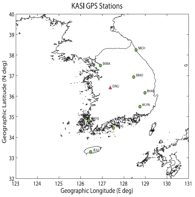 The distribution of GPS references stations of KASI.