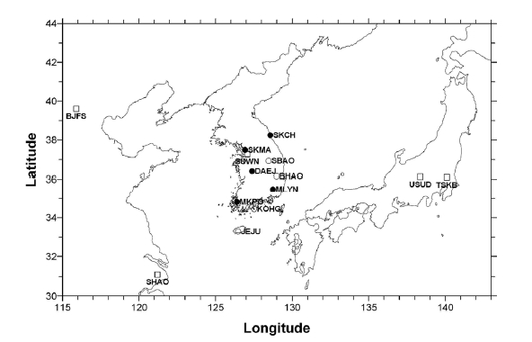 The regular GPS stations of KASI (○) and the IGS observation stations around the Korean Peninsula (□). The target observation stations of this study (●).