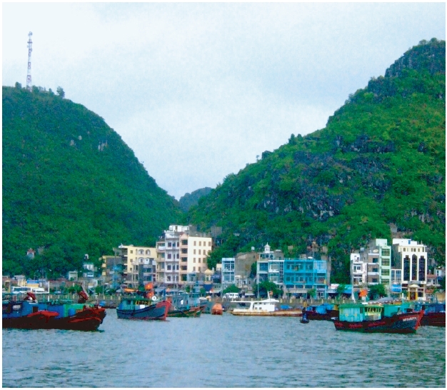 Restaurants and hotels in Cat Ba town.