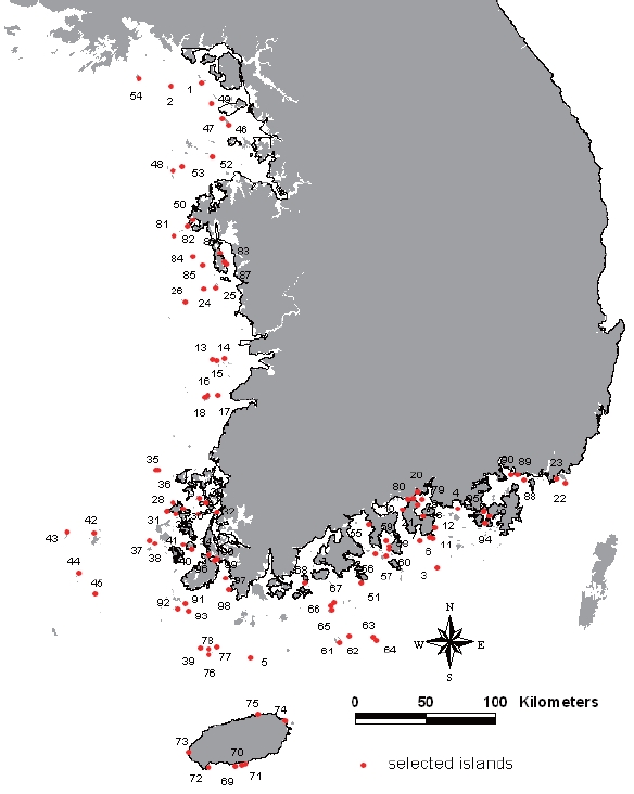 Location of 100 randomly selected uninhabited islands in Korea