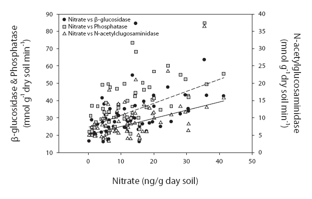 Correlation analysis between enzyme activities and nitrate at sites 2 & 3.