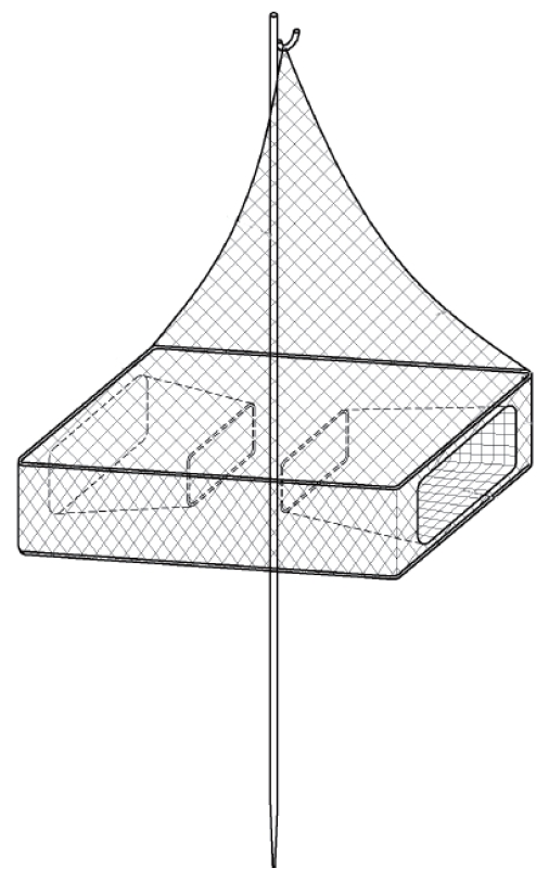 Diagram of the bait trap for catching freshwater turtles invented and used in this study. The trap has two entrances and a space for breathing for the caught turtles. Also, the height of the trap is adjustable so that it can be placed at various depths. We hung pork as bait in the center of the trap.