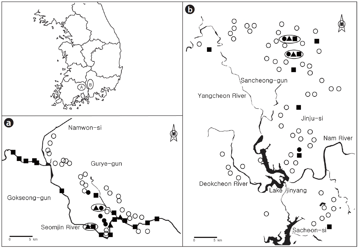 Survey sites where the freshwater turtles Chinemys reevesii (O), Trachemys scripta elegans (∇), and Pelodiscus sinensis (■) were observed (closed diagrams) and not observed (open circles) in 17 locations along a 48-km stretch of the Seomjin River and in 99 reservoirs distributed along the Seomjin and Nam rivers in Jeollabuk-do (a) and Gyeongsangnam-do (b) province, South Korea. When more than one species was observed at a site, we enclosed diagrams with a circle.