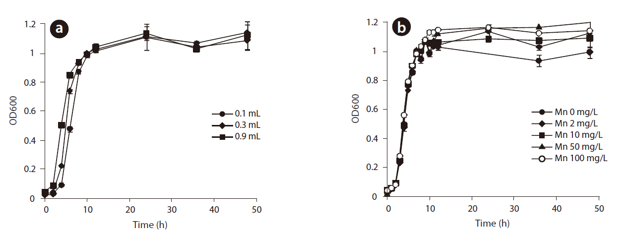 Growth curves for P. putida MnB1 in solutions with different initial amounts of bacteria (a) and those with different initial Mn(II) concentrations(b).