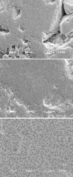 SEM micrographs of samples sintered at 1300 1400 1500℃ by spark plasma sintering from the top to bottom.