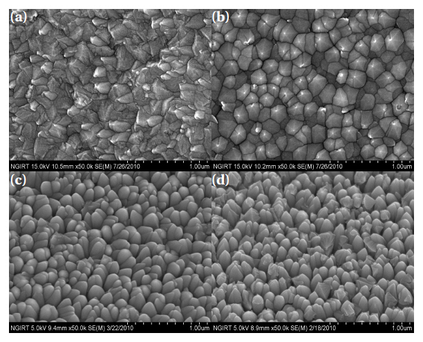 Field emission scanning electron microscopy images of the AZO:H2 films deposited in the various working pressures (substrate temperature: 500℃) (a) 4 mTorr (b) 7 mTorr (c) 10 mTorr (d) 13 mTorr.