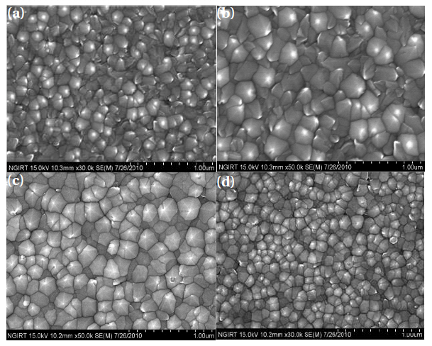 Field emission scanning electron microscopy images of the AZO:H2 films deposited in the various substrate temperatures (working pressure: 7 mTorr) (a) 300℃ (b) 400℃ (c) 500℃ (d) 600℃.