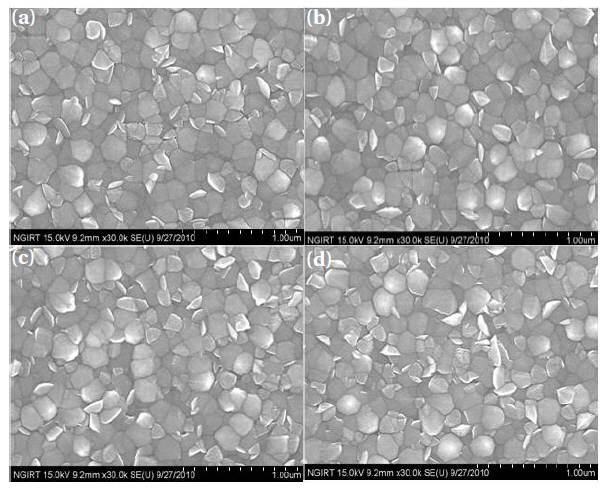 Field emission scanning electron microscopy images of the AZO:H2 films deposited in the various annealing temperatures (working pressure: 7 mTorr substrate temperature: 500℃) (a) 200℃(b) 300℃ (c) 400℃ (d) 500℃.
