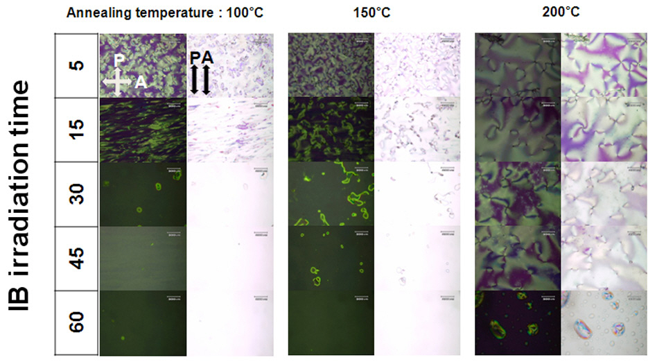 Photomicroscopic images of each liquid crystal cell for thermal stability using various ion beam (IB) exposure time. Each cell was annealed using three different annealing temperatures of 100 150 and 200℃.
