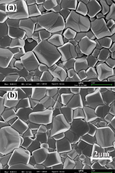 Field-emission scanning electron microscope images of thermally etched surface of (a) undoped BNKT and (b) 0.05 mol Tasubstituted BNKT ceramics sintered at 1175℃ for 2 hours.