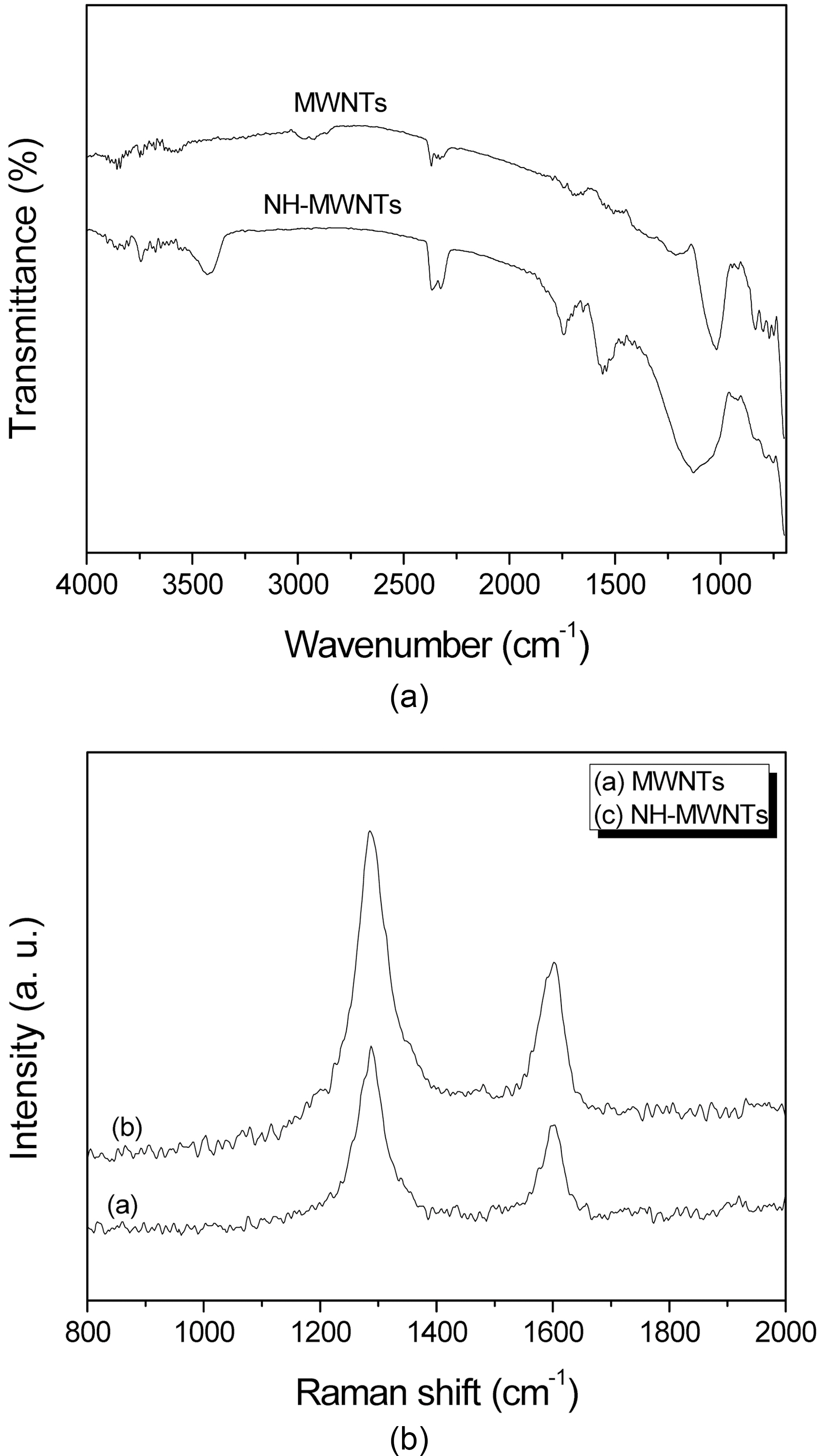 FT-IR (a) and Raman spectra (b) of pristine MWNTs and NH-MWNTs.