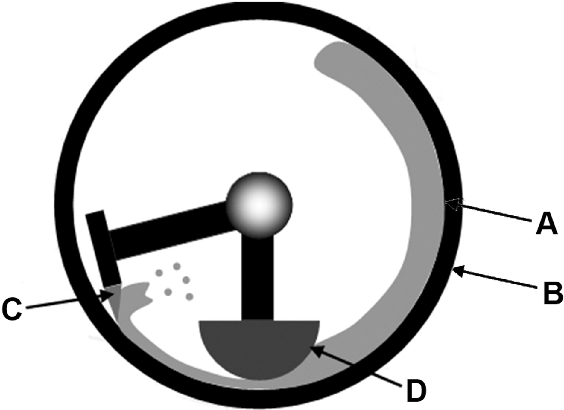 Dry process system: upper side view of main instrument structure; A:rotor B: rotating wall  C: scraper D: press-head.