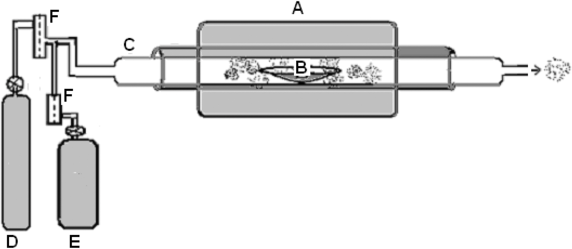 Schematic diagram of pyrolysing. (A) is a single zonefurnace (B) quartz boat for keeping the semu cotton fiber (C)quartz tube inserted into the furnace (D) the carrier gas (E)hydrogen gas or CO2 gas cylinder and (F) flow meter.