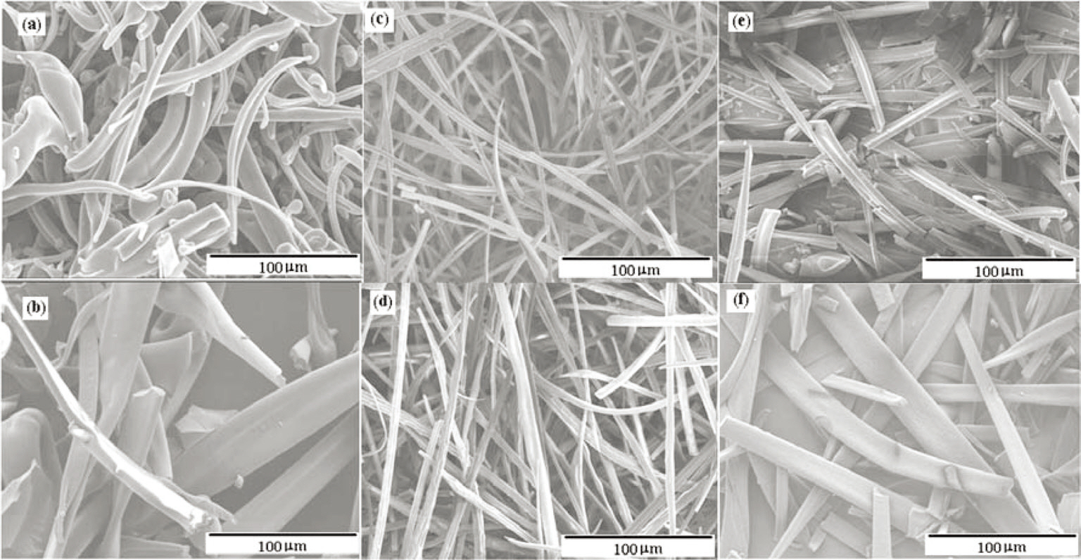 Scanning electron microscope photographs of the Pitch A (a c e) and Pitch B (b d f ) electrospun fiber webs (a b) 35 wt% (c d) 40 wt% and (e f )45 wt%.
