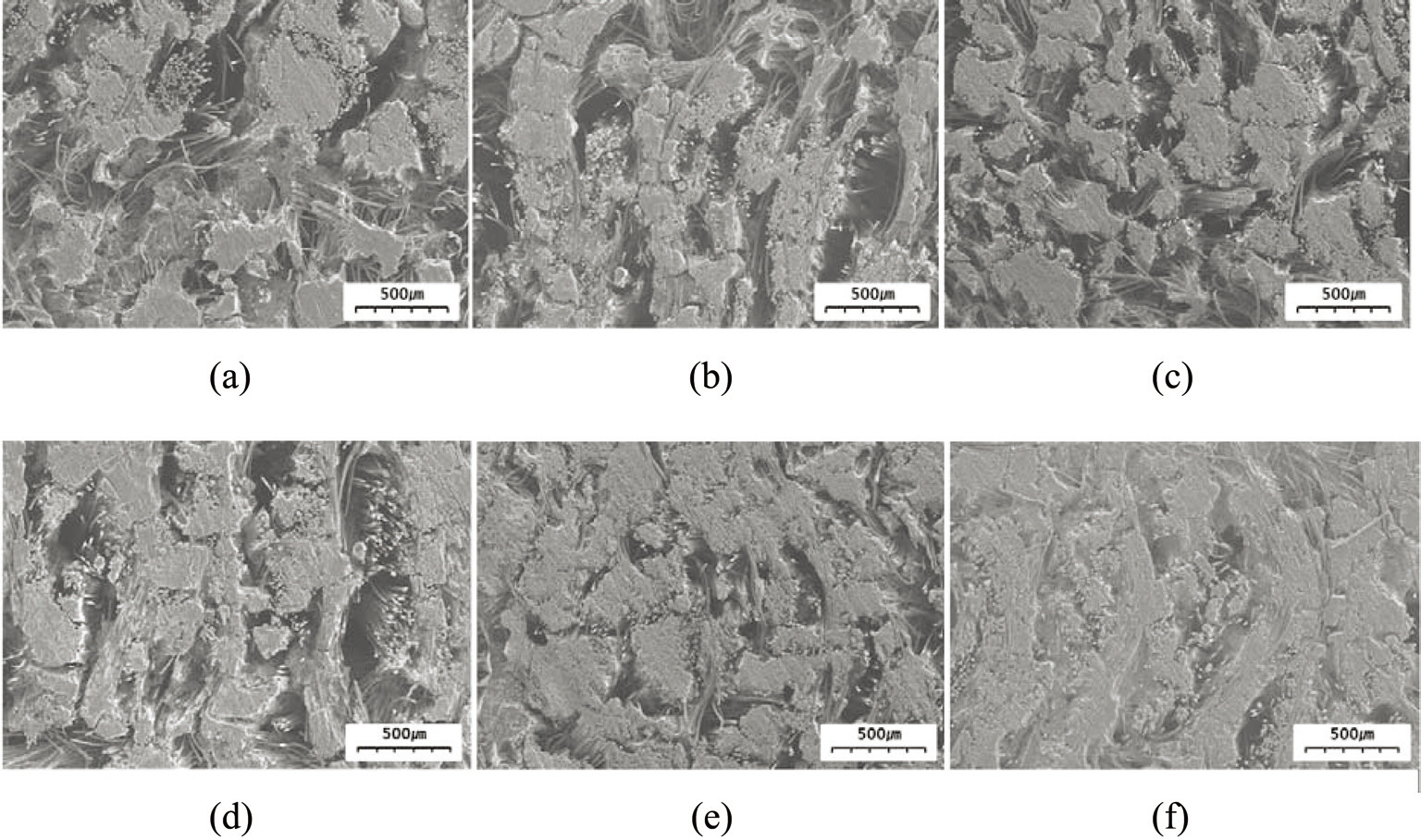 Microstructures of the composites prepared at different heat-treatment temperatures: (a) 1000℃ with 0% illite (b) 1650℃ with 0% illite (c) 2300℃ with 0% illite (d) 1000℃ with 10% illite (e) 1650℃ with 10% illite and (f ) 2300℃ with 10% illite.