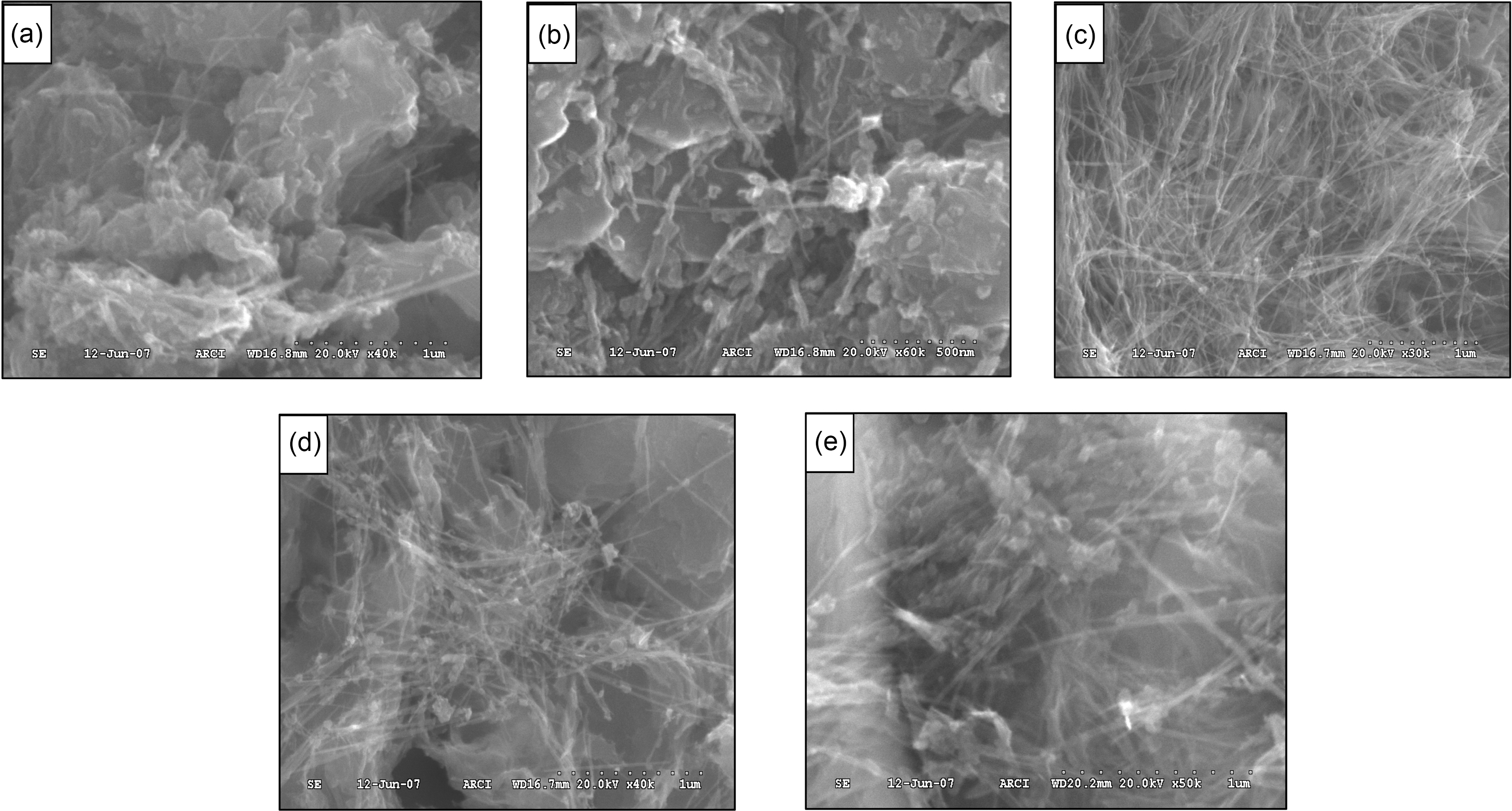 SEM images of thermally annealed CNT under controlled flow of Oxygen at (a) 450oC (b) 550oC (c) 650oC (d) 750oC and(e) 850oC.