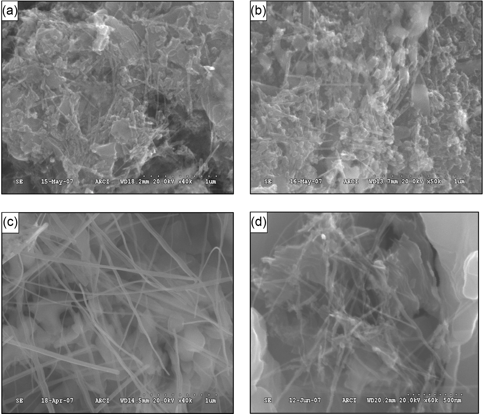 SEM images of (a) chemically treated (CT) CNT CT annealed under control flow of oxygen at (b) 450oC (c) 550oC and (d) 650oC.