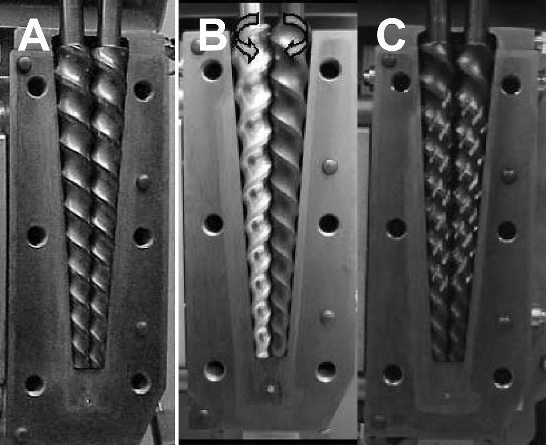Digital pictures of (A) co-rotation (CoR) twin screw (B)counter rotation (CNR) twin-screw and (C) modified co-rotation (MCoR) twin-screw.