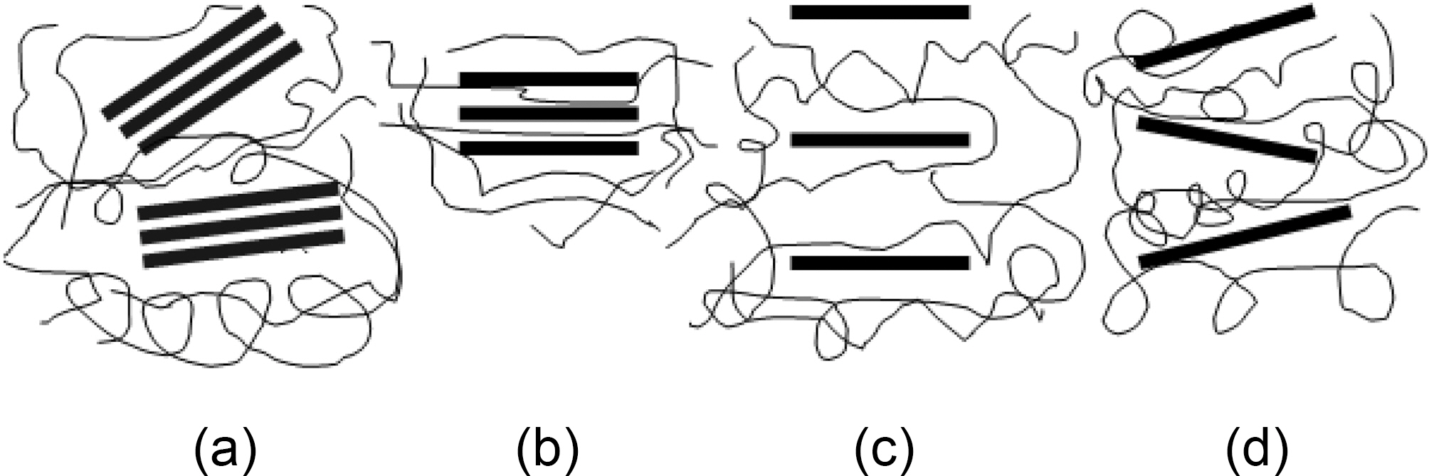 Schematic diagram of nanocomposites: (a) conventional (b) intercalated (c) long range and (d) disordered.