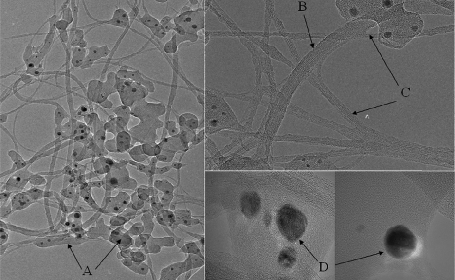 TEM images of SWCNT soot made by arc-discharge. (A: amorphous-carbon nanoparticles; B: amorphous-carbon covering SWCNTs; C: SWCNT bundles; D: Metal-encapsulated multi-shell graphite).