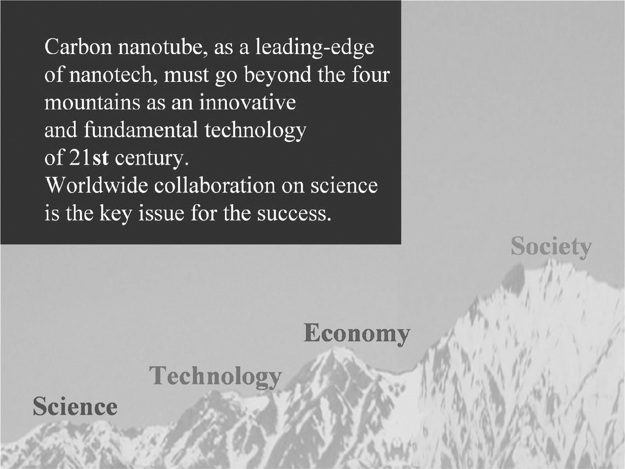 A schematic image describing four mountains to be solved for successful nanotube business.