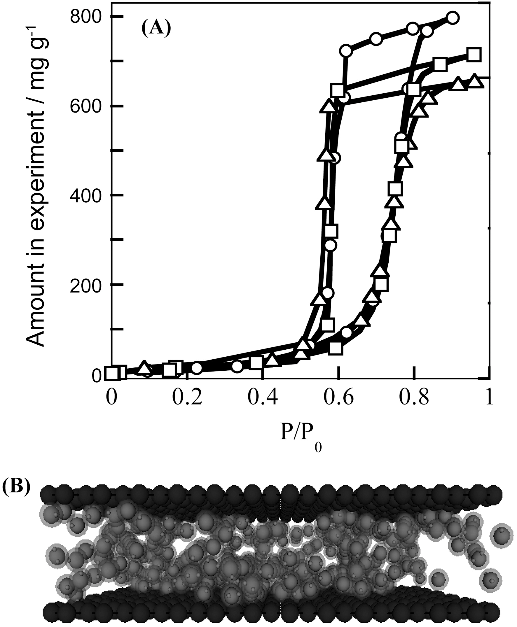 Water vapor adsorption isotherms of activated carbon fibers having different surface oxygen contents at 303 K (A) and snapshot of water adsorbed at 0.4 of fractional filling. Oxygen/carbon ratio: □ ; 0.02 △ ; 0.03 ○ ; 0.07.