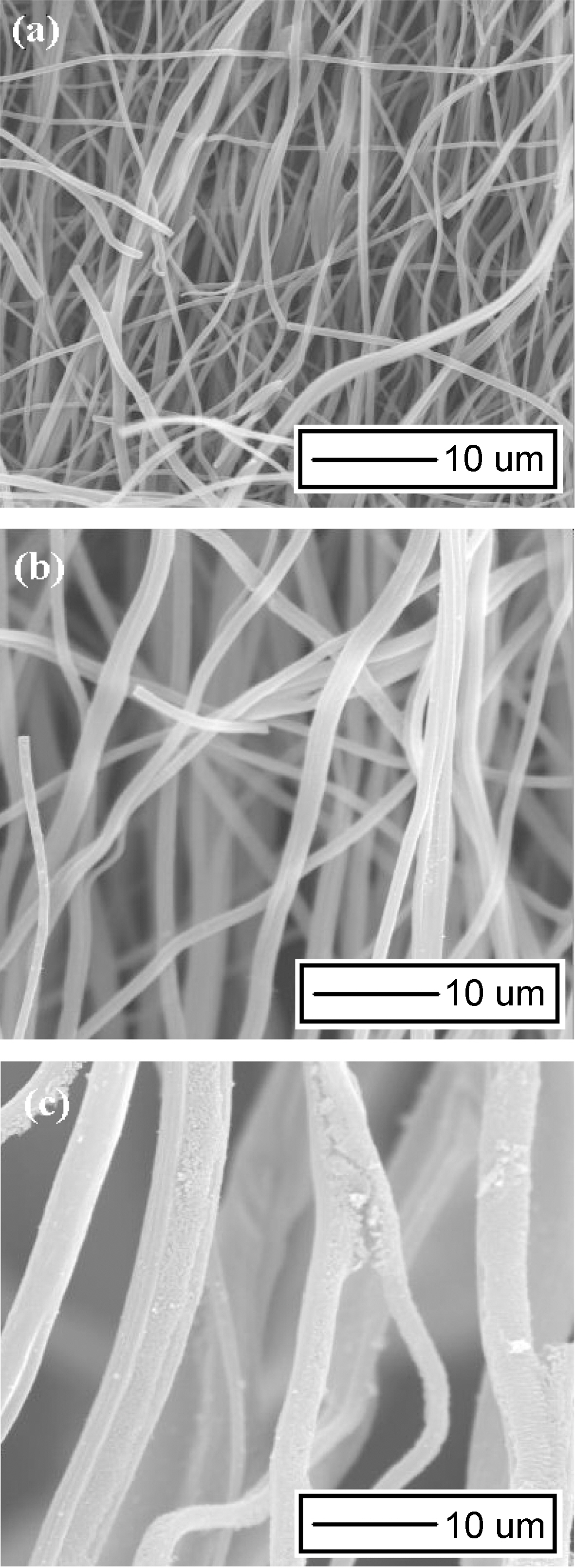 SEM images of porous electrospun carbon fibers various mixing ratios in MgCl2/PAN: (a) 1/3; (b) 2/3 and (c) 3/3.